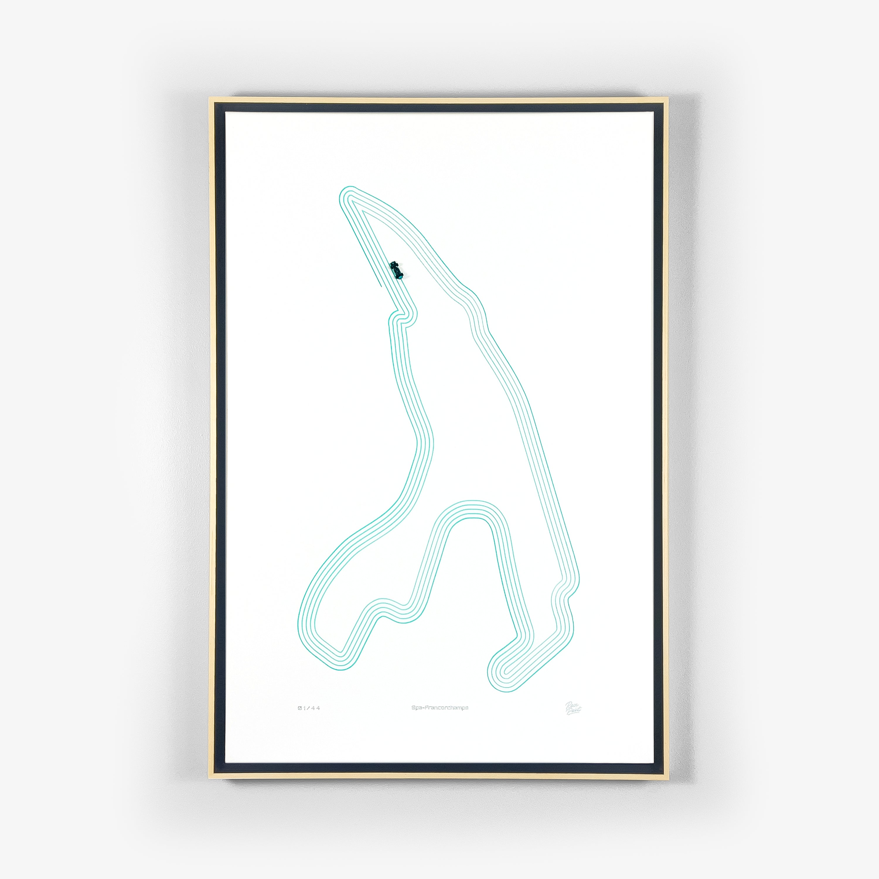 Original art by Race Paint Studios from the limited Racing Line Series of Spa-Francorchamps circuit, commemorating Lewis Hamilton’s five Formula 1 victories.