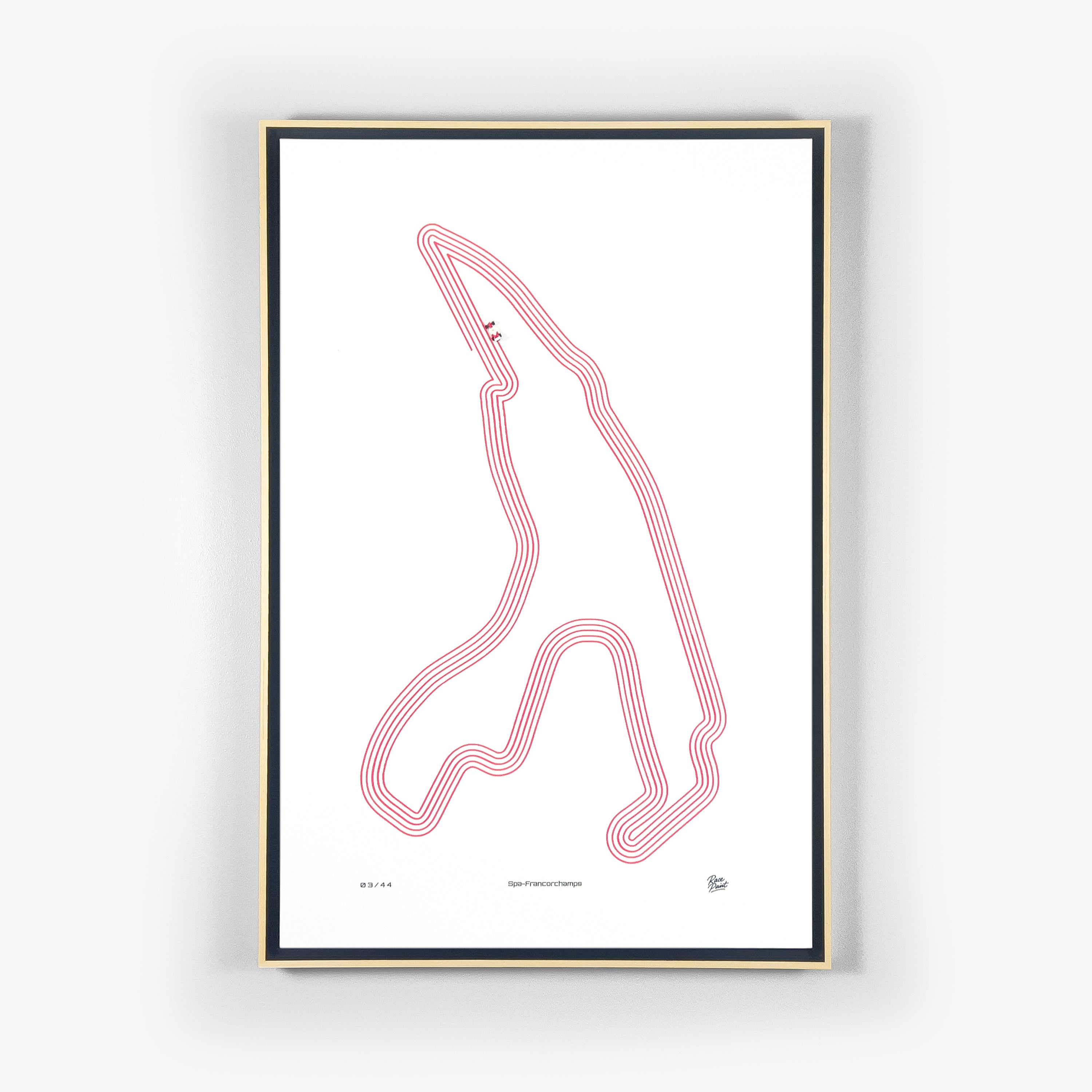 Original art by Race Paint Studios from the limited Racing Line Series of Spa-Francorchamps circuit, commemorating Ayrton Senna’s five Formula 1 victories.