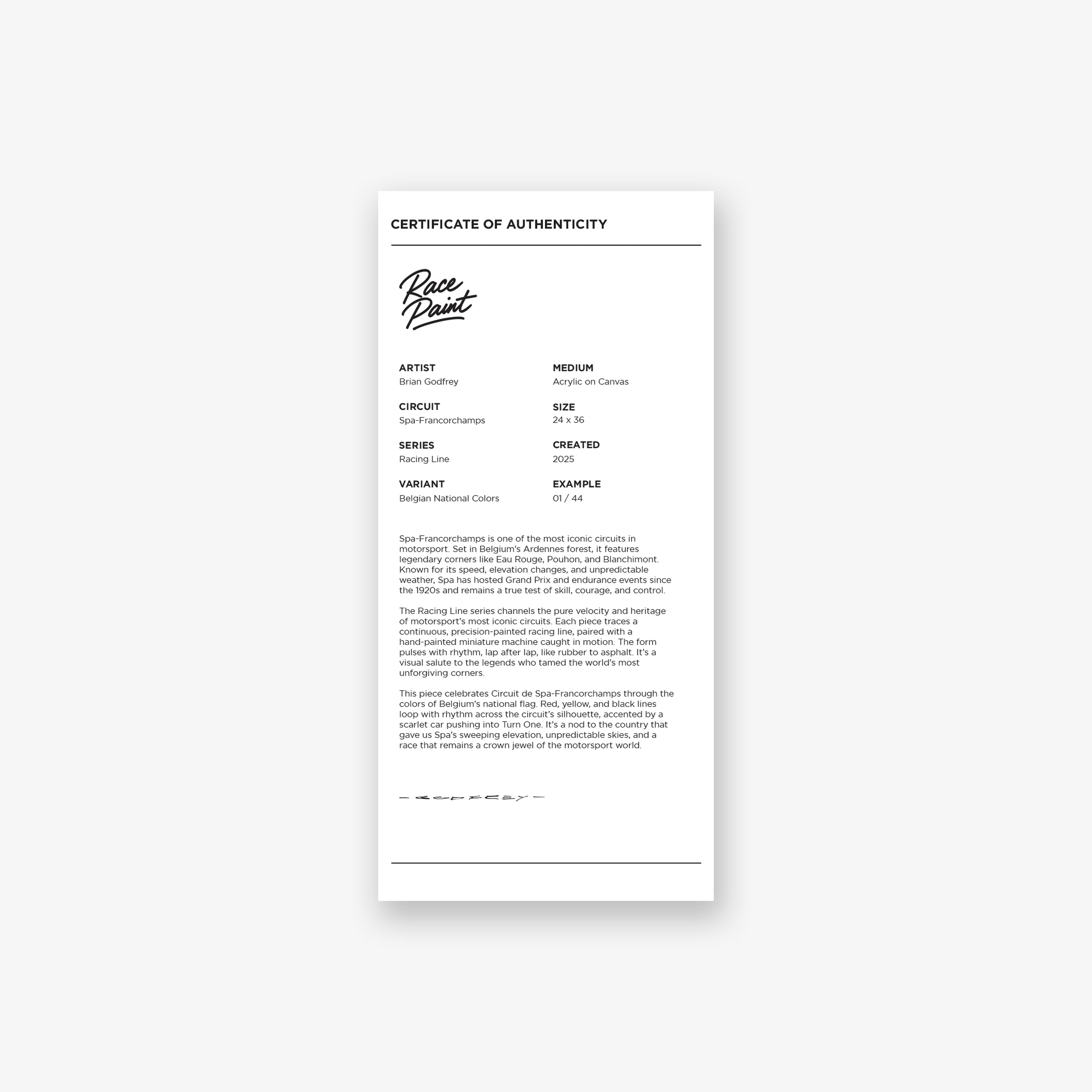 Certificate of Authenticity for an original artwork, detailing artist name, title, size, edition, and creation date, with a brief description and artist signature at the bottom.